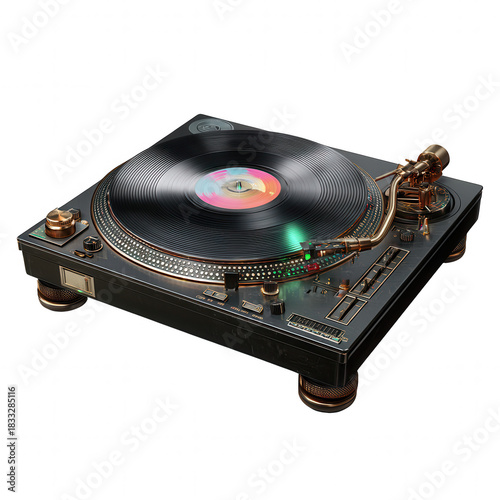 Retro DJ turntable record player playing classic vinyl music. Nostalgic audio and sound equipment for disco party, classic vintage deck for professional mixing