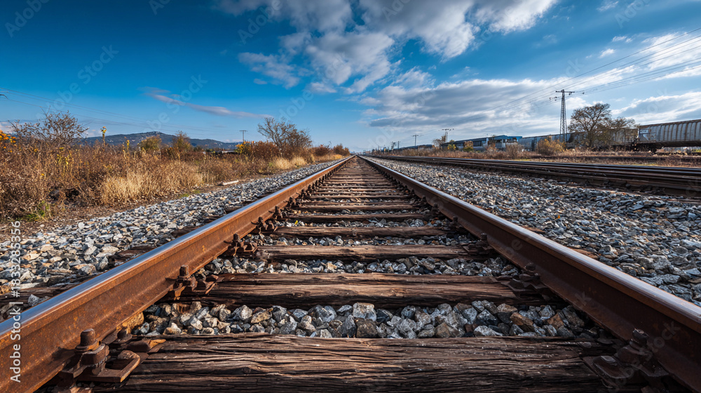 Fototapeta premium Railway tracks stretch into the distance under a clear blue sky