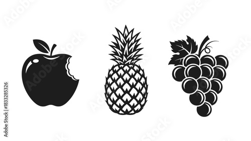 A set of three fruit icons in a black and white stencil style, showing a bitten apple, a whole pineapple, and a bunch of grapes.