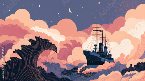 Naval ship sailing through a dreamy ocean under a starry night sky