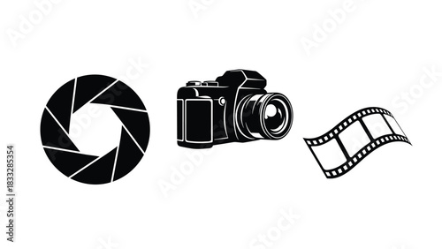 Set of three black and white icons for photography and cinema, featuring a camera aperture, a DSLR camera, and a film strip.