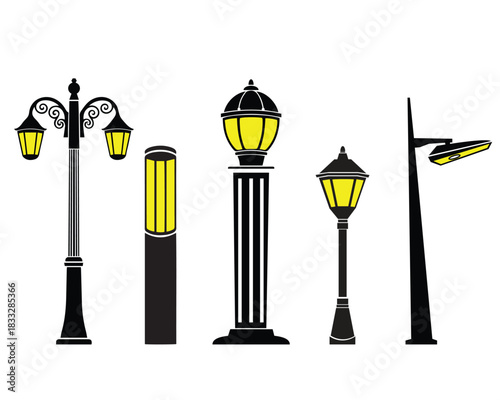 Street light and garden lamp icon set with yellow glow. Vintage lantern, pathway bollard, modern LED, and park post vector collection.