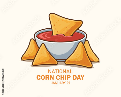 National Corn Chip Day poster vector illustration. Nachos corn chips with red salsa sauce icon vector. Salty snacks tortilla chips drawing. January 29 every year. Important day.
