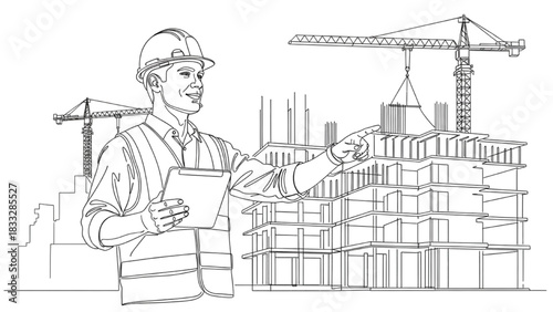 Black Continuous Line Art of a Construction Engineer Pointing at Building Site with Tablet and Tower Cranes in Background