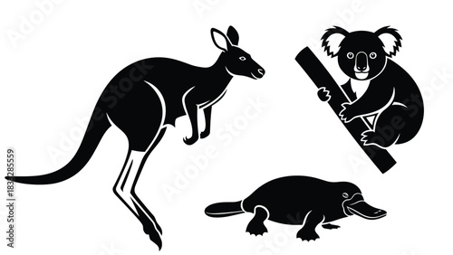 Collection of three black silhouettes of iconic Australian animals: a kangaroo, a koala bear on a branch, and a platypus.