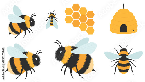 A cute collection of bumblebees and honey-related items, including a honeycomb and a beehive, in a simple flat style.