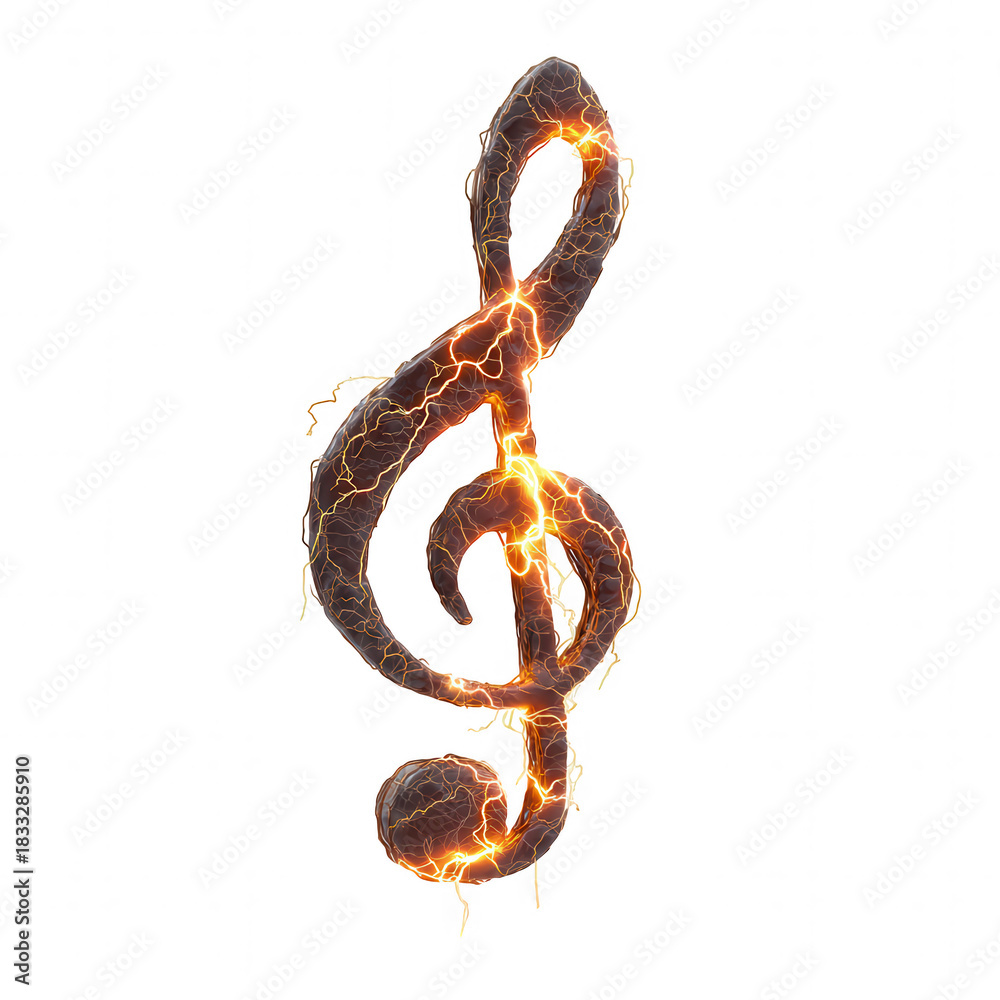 Obraz premium Glowing treble clef music symbol with electric lightning and fire. An intense design element representing powerful sound and raw energy of music and performance
