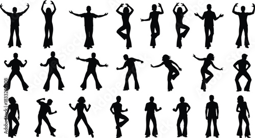 Dancing people silhouette set, retro disco party vector illustration, men and women having fun.