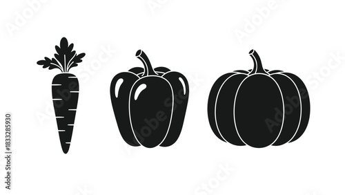 Set of three black vegetable silhouettes including a carrot with leaves, a bell pepper, and a whole pumpkin.
