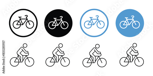 Man on Bicycle Icon Outline Set in Clean Black and White Vector Illustration Featuring Minimal Rider Symbols, Simple Cycling Pictograms, Modern Transport Graphics, Editable Line Artwork