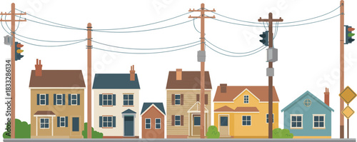 Residential houses, urban neighborhood, utility poles, power lines, traffic lights, road signs, suburban street, electricity distribution, city infrastructure, architectural homes, community living