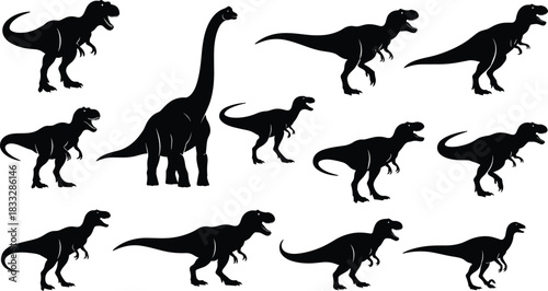 Set of dinosaur silhouettes, T-Rex and Brachiosaurus vector illustration, prehistoric animal black icons collection.