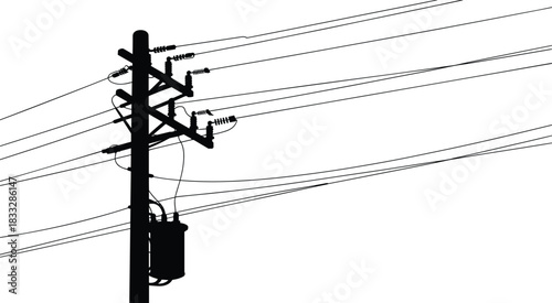 Utility pole silhouette, electrical transformer, power lines, electricity distribution, energy infrastructure, voltage network, urban grid, industrial structure, engineering design, technology