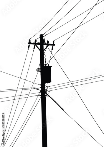 Utility pole silhouette, electrical transformer, power lines, electricity distribution, energy infrastructure, voltage network, urban grid, industrial structure, engineering design, technology