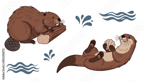 Cute, hand-drawn illustrations of a beaver chewing on a log and a sea otter floating with a shell, with water splashes.