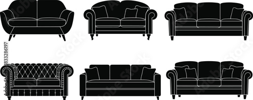 Set of Six Elegant Sofa and Couch Silhouettes in Different Styles, including Modern and Classic Chesterfield Designs, for Home Furniture and Interior Concepts.