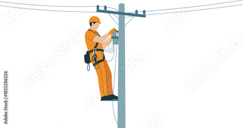Utility worker, electrical lineman, safety harness, helmet gear, power line maintenance, electricity distribution, energy infrastructure, industrial repair, engineering work, urban technology
