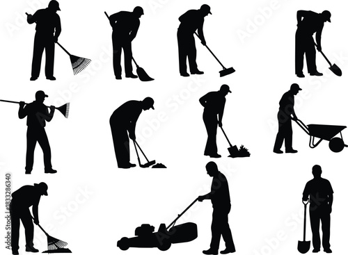 Extensive Vector Collection of Construction and Industrial Silhouettes: Workers, Hand Tools, Heavy Machinery Icons, and Safety Signs for Building and Engineering Concepts.