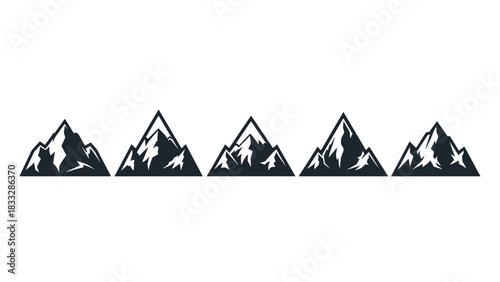 Set of five black mountain range peak icons with snowy caps, symbolizing adventure, hiking, and the great outdoors.