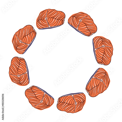 Salmon fillet slice wreath in flat style. Design for fish and sea food restaurant menu, flyer, card isolated on a white background.
