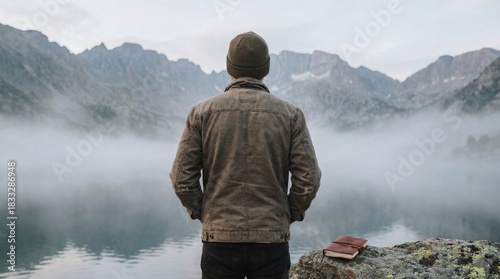 man looking over misty mountain lake at sunrise with travel journal