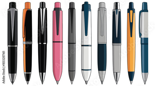 Colorful Pen Illustration Set Featuring Ballpoint, Click, Twist, and Cap Styles in Clean Stationery Vector Artwork Showing Modern Office Supplies and Writing Tools for Design and Stock Use