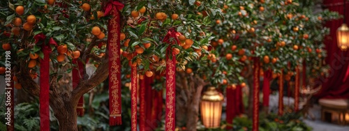Beautiful Tree with Red Ribbons and Gold Ornaments Glowing in a Festive Atmosphere