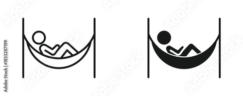 Hammock relaxation icon set in outline and silhouette style, symbolizing rest, vacation, leisure, and stress relief, vector illustration.