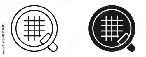 Manhole cover icon set in outline and silhouette style, representing drainage systems, sewer access, urban infrastructure, and maintenance utilities, vector illustration.