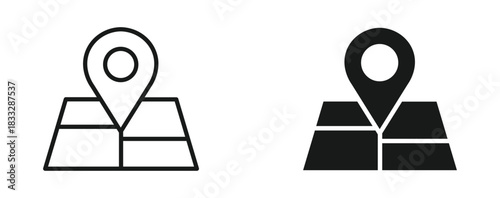 Map location icon set in outline and silhouette style, symbolizing navigation, travel, GPS, and destination finding, vector illustration.