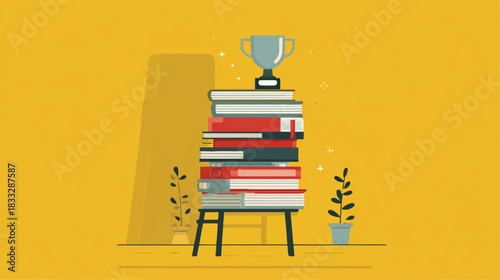 Stack of books with a trophy knowledge achievement success learning concept