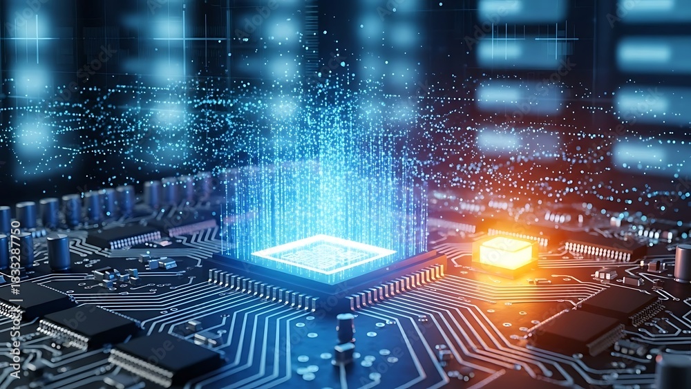 Obraz premium Futuristic Technology - Glowing Microchip on Circuit Board with Data Streams.