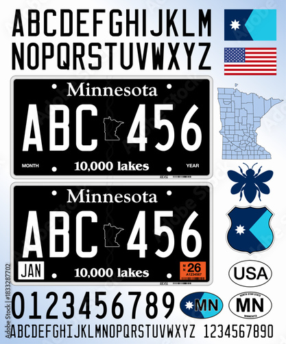 Minnesota car license plate blackout style, letters, numbers and symbols, vector illustration, USA, United States
