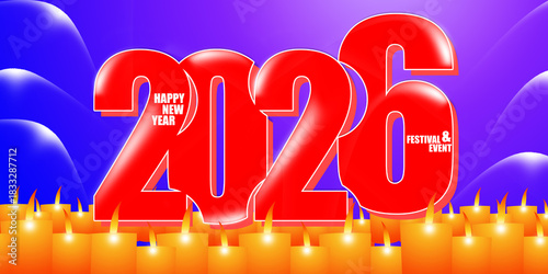 A background illustration with a purple gradient featuring the words 'happy new year 2026' in red letters.