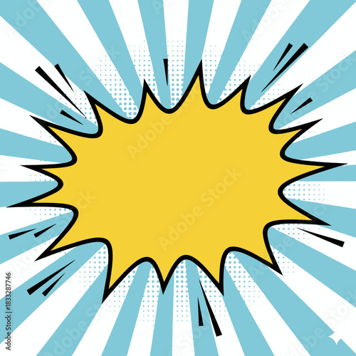 Pop Art Bubble: A dynamic pop art image featuring a bold yellow speech bubble set against a backdrop of retro stripes and starbursts, evokes a sense of comic book energy and visual excitement.