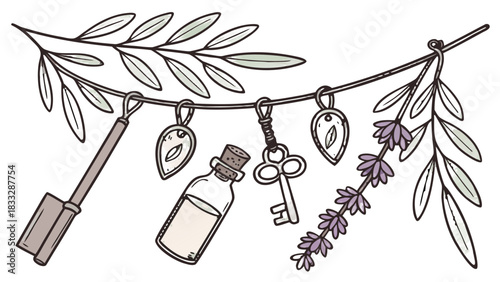 Olive Branch and Lavender Hanging Charms Vector Illustration, A hand-drawn illustration of olive branches and lavender with various charms, a key, and a bottle hanging from a string.