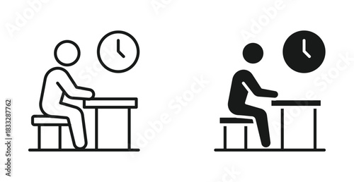 Waiting person icon set in outline and silhouette style, representing break time, patience, schedule, and time management, vector illustration.