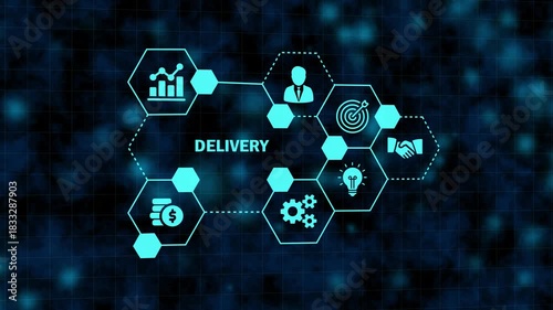 delivery management interface with hexagonal business icons. blue glowing hexagon background for corporate distribution. modern technology hud showing service delivery process.