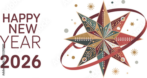 Happy New Year 2026 greeting — festive maroon and gold starburst vector with ribbon and decorative elements on white background