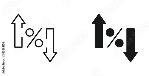 Percentage up and down arrow icon set in outline and silhouette style, symbolizing financial change, growth decline, statistics, and market trends, vector illustration.