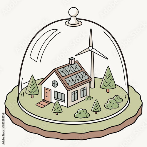 A charming illustration of a sustainable eco friendly home with solar panels and a wind turbine under a glass dome