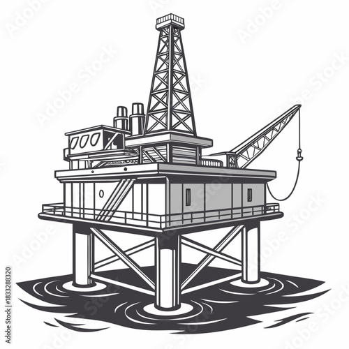 Illustration of an offshore oil rig platform with a derrick and crane standing in wavy water
