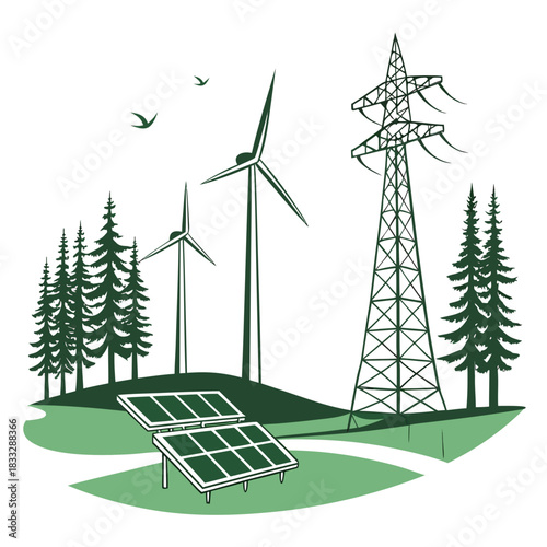 Stylized illustration of renewable energy sources including wind turbines solar panels and an electricity pylon in a natural landscape setting