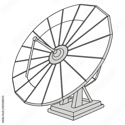 A detailed illustration of a large satellite dish antenna mounted on a sturdy base for communication and signal reception