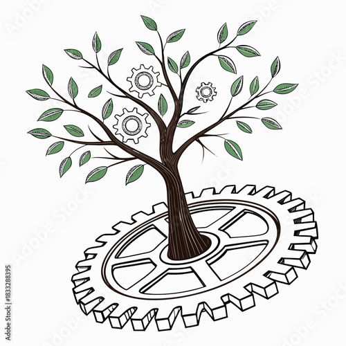 Conceptual illustration of a tree with gears as leaves and a large gear as its base symbolizing industry and nature integration