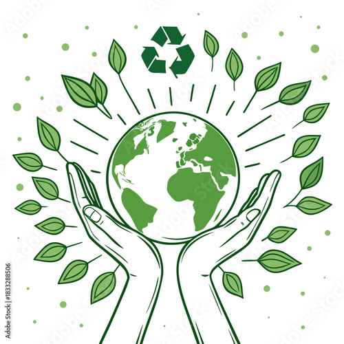 Hands gently cradle the green earth surrounded by leaves and a recycling symbol representing environmental protection and sustainability