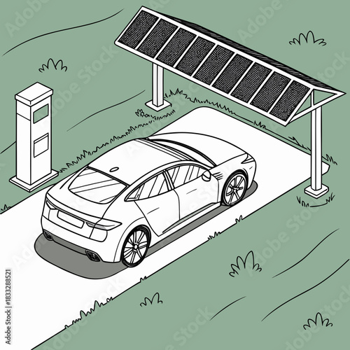 Modern electric car charging under a solar panel canopy connected to a charging station in a green outdoor setting