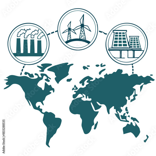 Global energy sources depicted on a world map with icons representing industrial factories wind turbines and solar panels