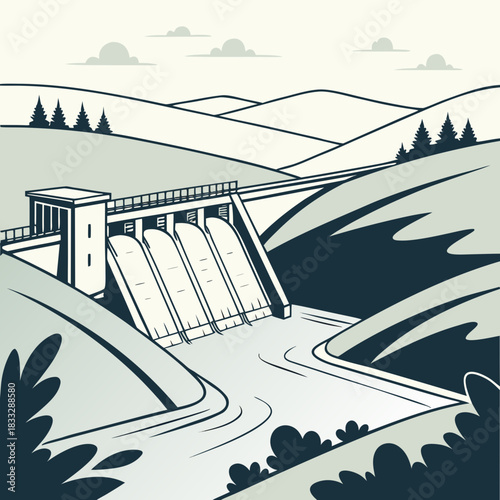 A stylized illustration of a concrete hydroelectric dam with water flowing through its spillways into a river valley landscape