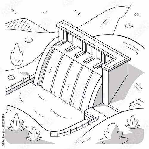 A black and white line drawing of a large concrete dam with water flowing over its crest into a reservoir below